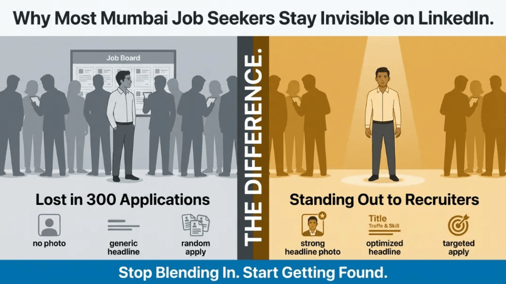 Illustration showing why most Mumbai job seekers stay invisible on LinkedIn, comparing generic profiles with no photo, weak headline, and random applications vs optimized profiles with strong photo, keyword-rich headline, and targeted job applications to stand out to recruiters.