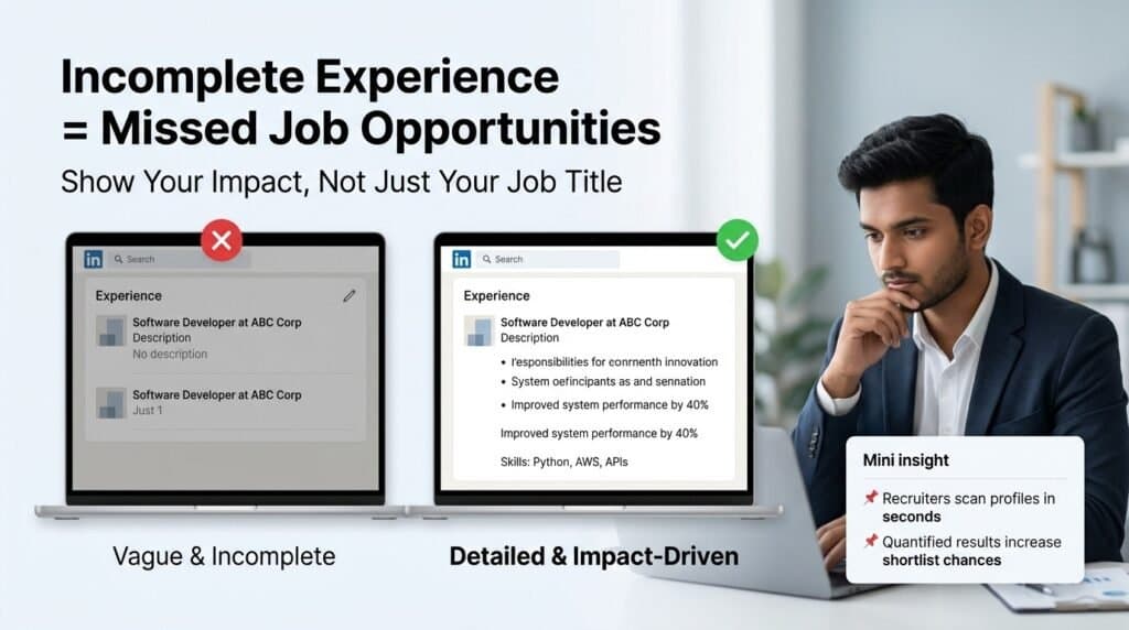 LinkedIn profile optimization Mumbai showing weak vs optimized headline and experience section for better job opportunities