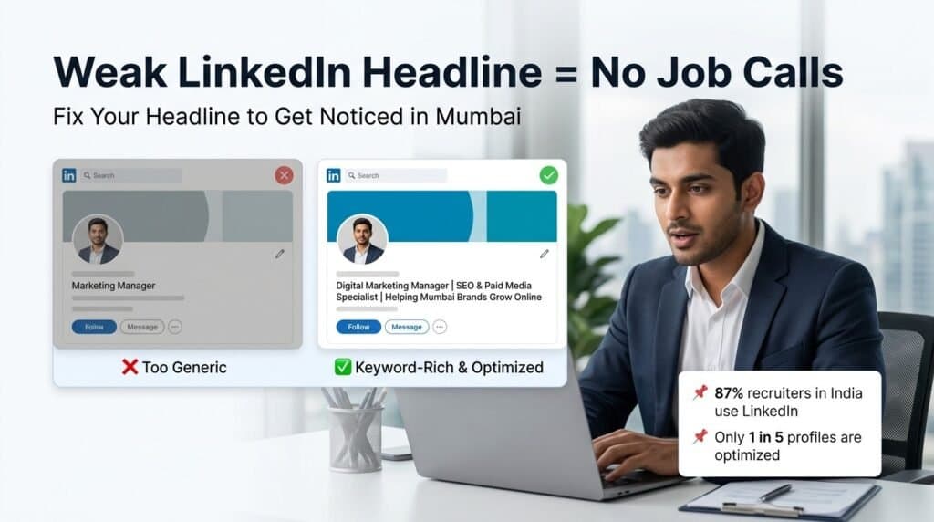 LinkedIn profile optimization Mumbai showing weak vs optimized headline and experience section for better job opportunities