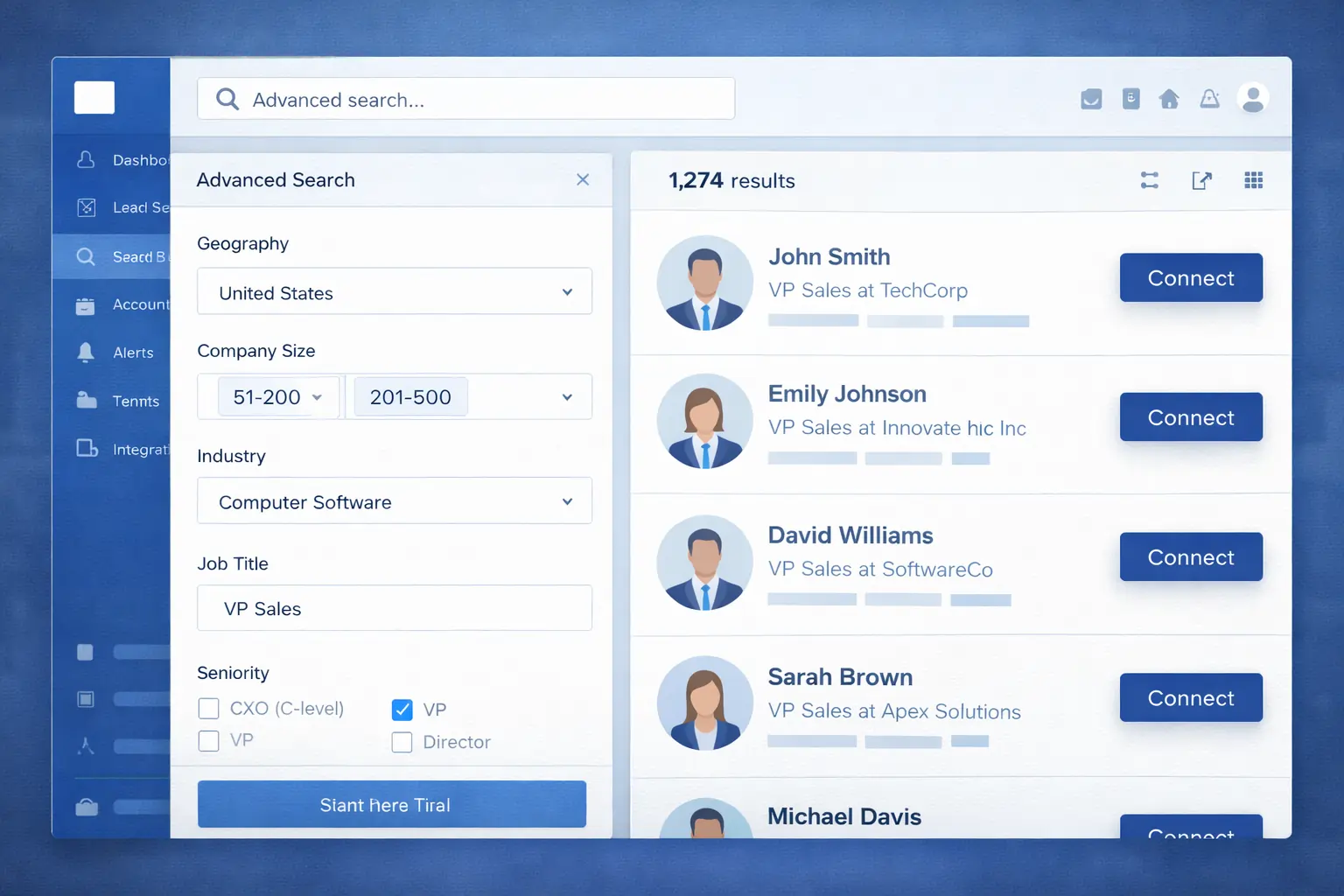 Sales Navigator Interface (Advanced Search Filters & Results)