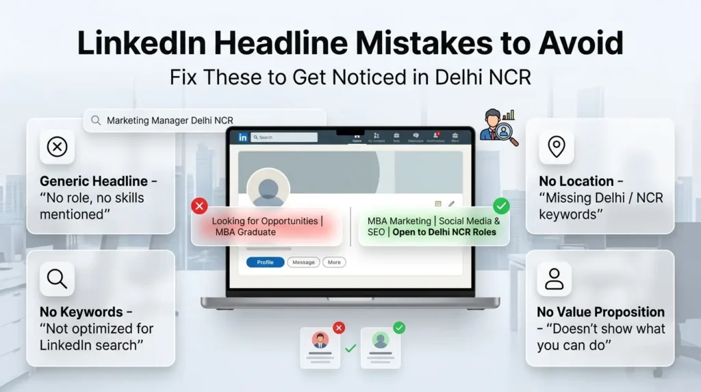 LinkedIn headline mistakes for Delhi job seekers including generic headline, no keywords, missing location Delhi NCR, and weak value proposition with corrected example profile