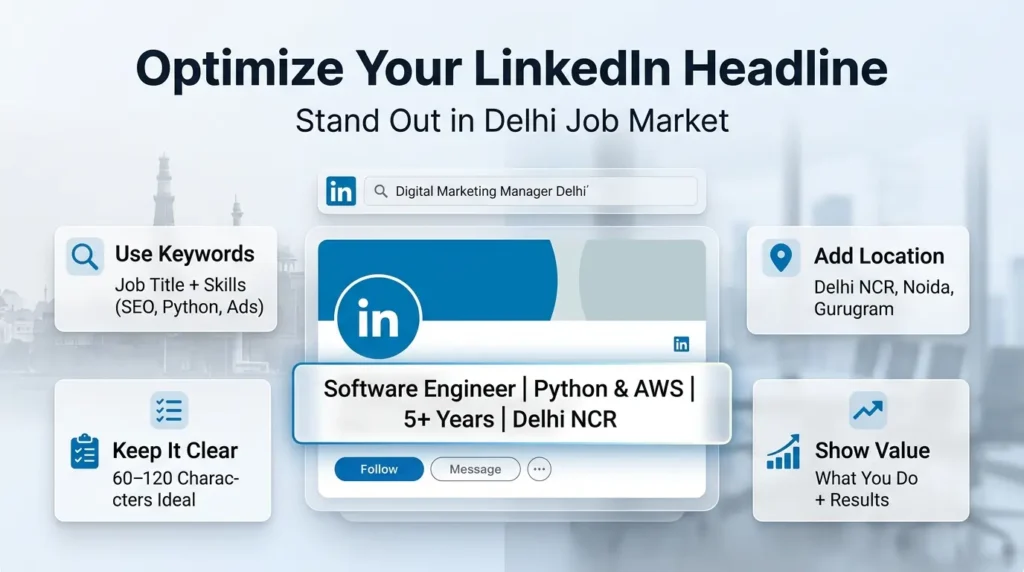 how to optimize LinkedIn headline for Delhi job market with tips like keywords, location Delhi NCR, clear headline length, and value-driven profile example
