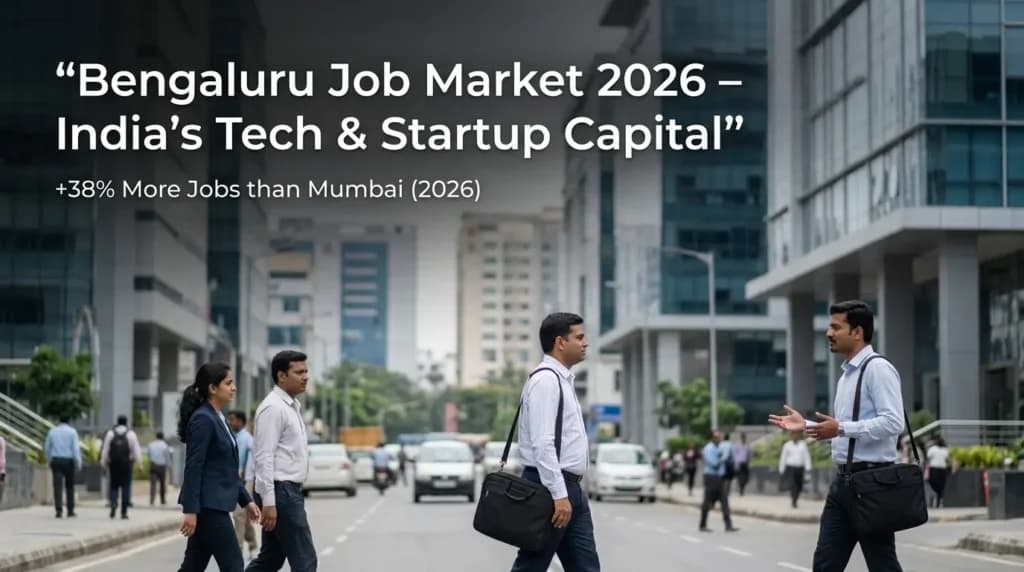 Bengaluru job market 2026 with professionals walking in a modern tech city, representing India’s startup capital and best city for jobs India 2026
