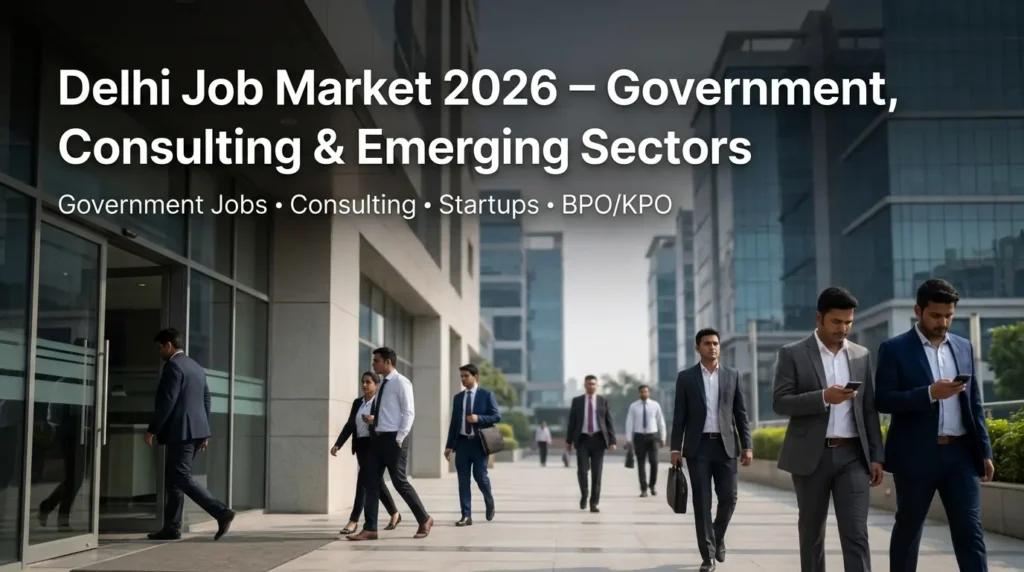 Delhi job market 2026 with professionals in corporate offices, highlighting government, consulting and BPO sectors in best city for jobs India 2026