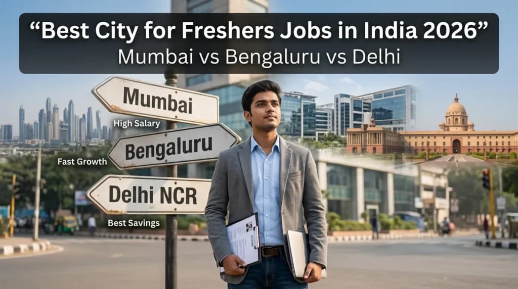 Best city for freshers jobs in India 2026 comparison showing Mumbai, Bengaluru, and Delhi NCR with a young professional choosing career path based on salary, growth, and savings