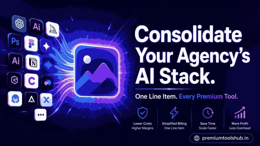 Agency AI stack consolidation graphic showing Nano Banana Pro, Adobe Creative Cloud, ChatGPT, Notion, Figma, Midjourney, and other premium tools in one unified workflow.