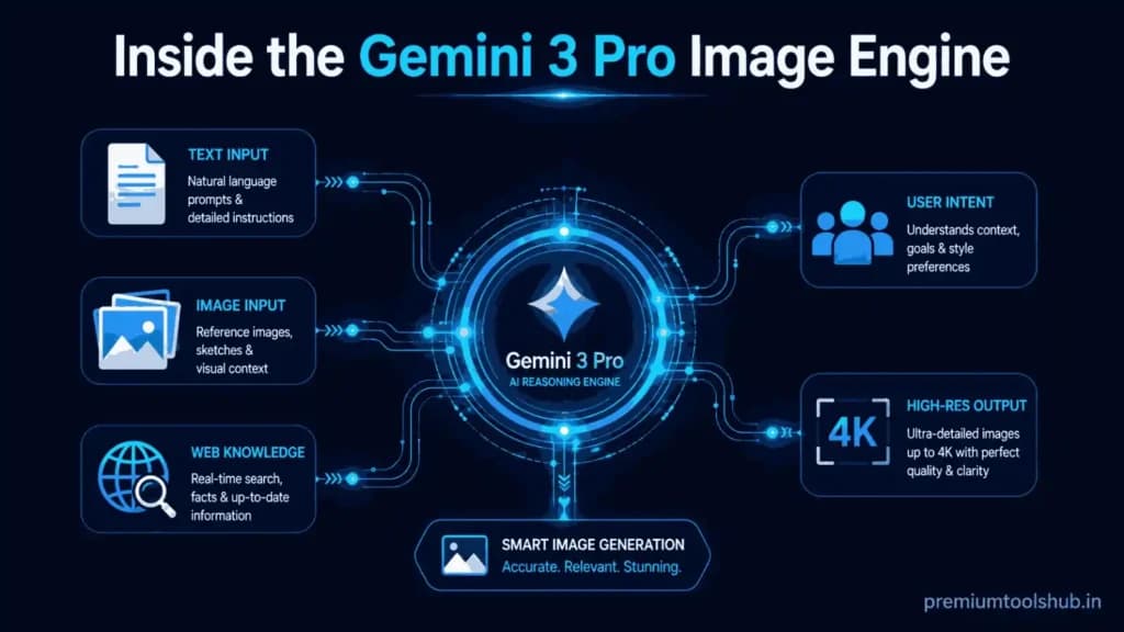 Gemini 3 Pro Image Engine infographic showing how Nano Banana Pro processes text prompts, reference images, web knowledge, user intent, and generates high-quality 4K AI images.