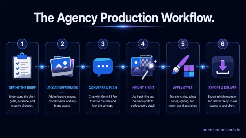 Nano Banana Pro Tutorial workflow infographic showing the six-step agency process from creative brief and reference images to AI editing, style transfer, and final export.