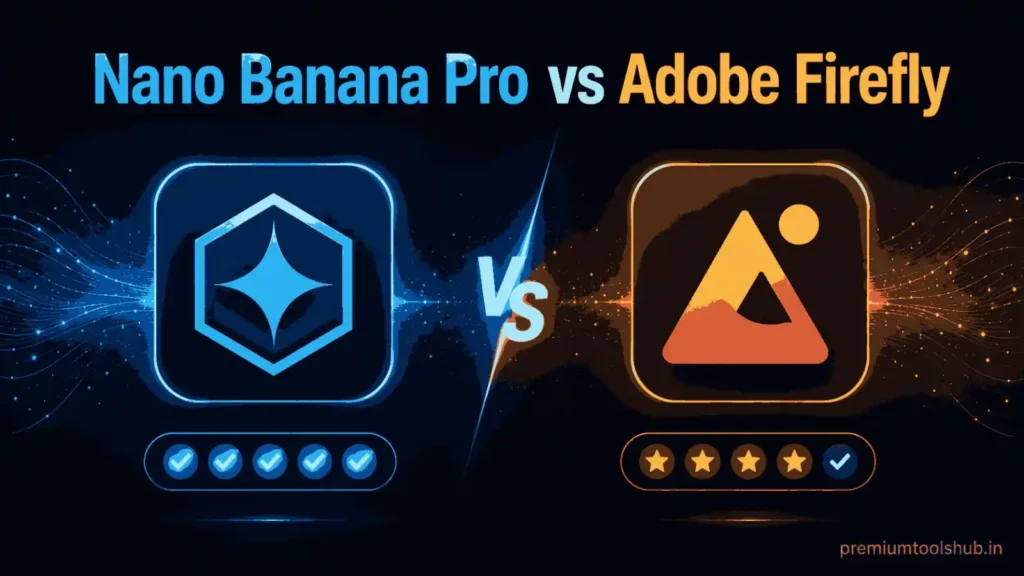 Nano Banana Pro vs Adobe Firefly comparison graphic showing Gemini 3 Pro AI image generation and Adobe Firefly creative workflow for agencies and designers.