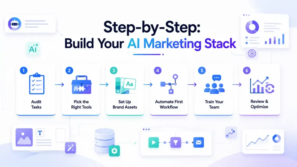 Step-by-step AI marketing stack workflow showing six stages for marketing agency automation.