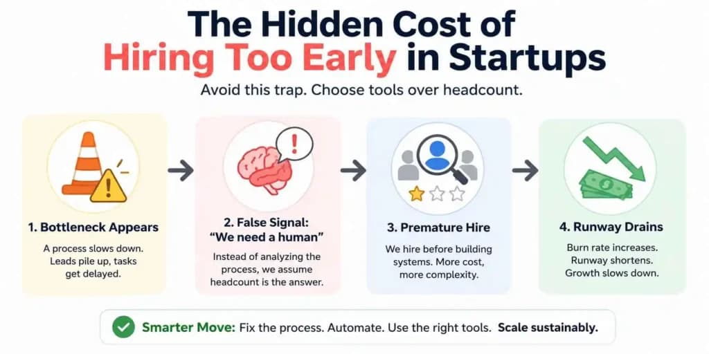 The Hidden Cost of Hiring Too Early in Startups infographic showing bottlenecks, premature hiring risks, and how automation tools help startups scale without hiring more staff
